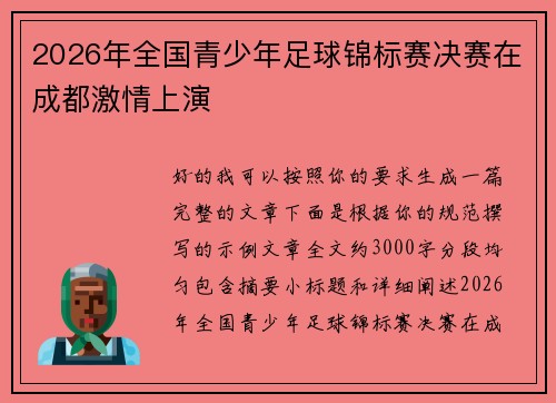 2026年全国青少年足球锦标赛决赛在成都激情上演