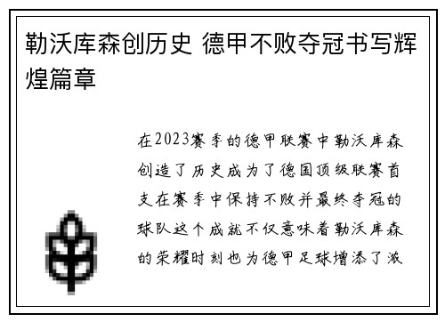 勒沃库森创历史 德甲不败夺冠书写辉煌篇章