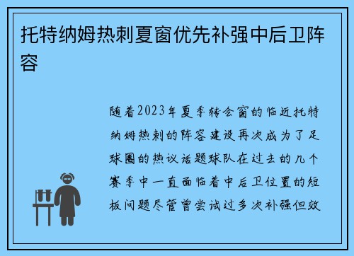 托特纳姆热刺夏窗优先补强中后卫阵容